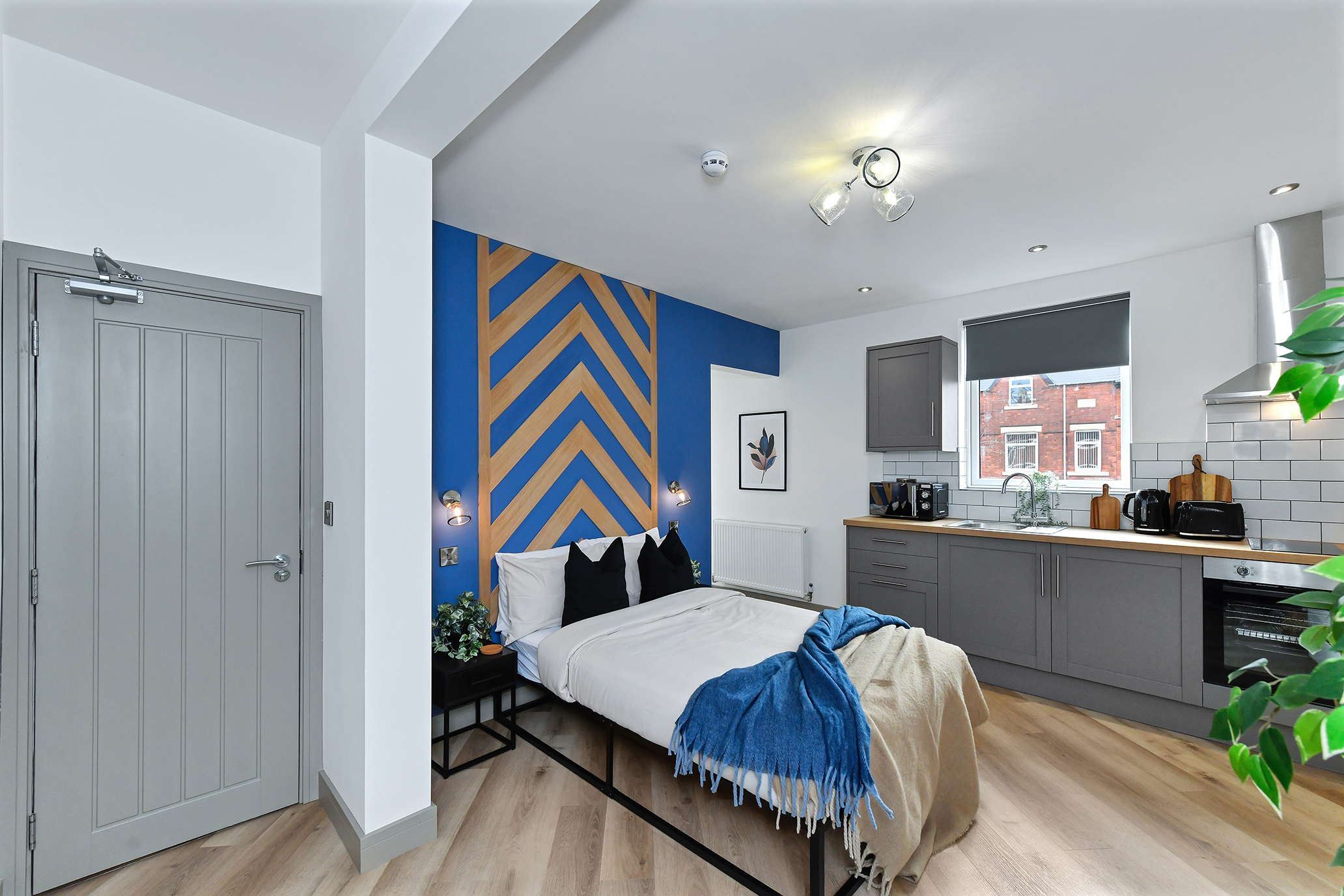 Bedroom and kitchenette with a blue and timber feature wall